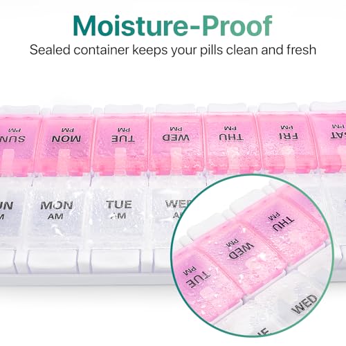 Image of Sukuos AM PM Weekly Pill Organizer 7 Day, 2 Times A Day Medicine Pill Box with Easy Push Button, BPA Free Vitamin Cases for Fish Oil /Supplements (Pink&White)