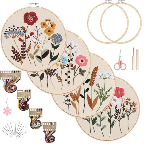 Felly Kit de Broderie à la main 4PCS pour Débutants, Embroidery Starter Kit Adultes, Motifs Fleurs au Point de Croix, Cerceaux de Broderie, Fil à Broder et Broderie...