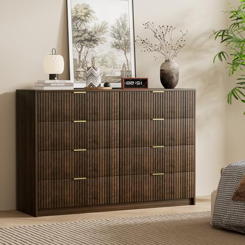 Image of Furniway Walnut Dresser for Bedroom, Modern Dresser with 8 Drawers and Smooth Slides, Wide Chest of Drawers with Golden Handles for Bedroom, Closet, 15.7 inch D x 55 inch W x 37.4 inch H