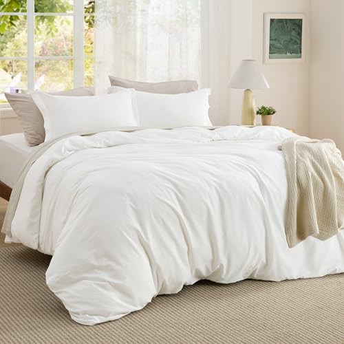 Image of Bedsure Textured Duvet Cover Queen Size - Cotton-Like Polyester Jacquard Duvet Cover Set for All Seasons - 3 Pieces Ultra Soft Bedding Set with 2 Pillow Shams, NO Comforter (White, Queen, 90 inchx90 inch)