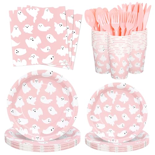 Whaline 168 Pcs Halloween Ghost Paper Tableware Set Pink Cute Gho...