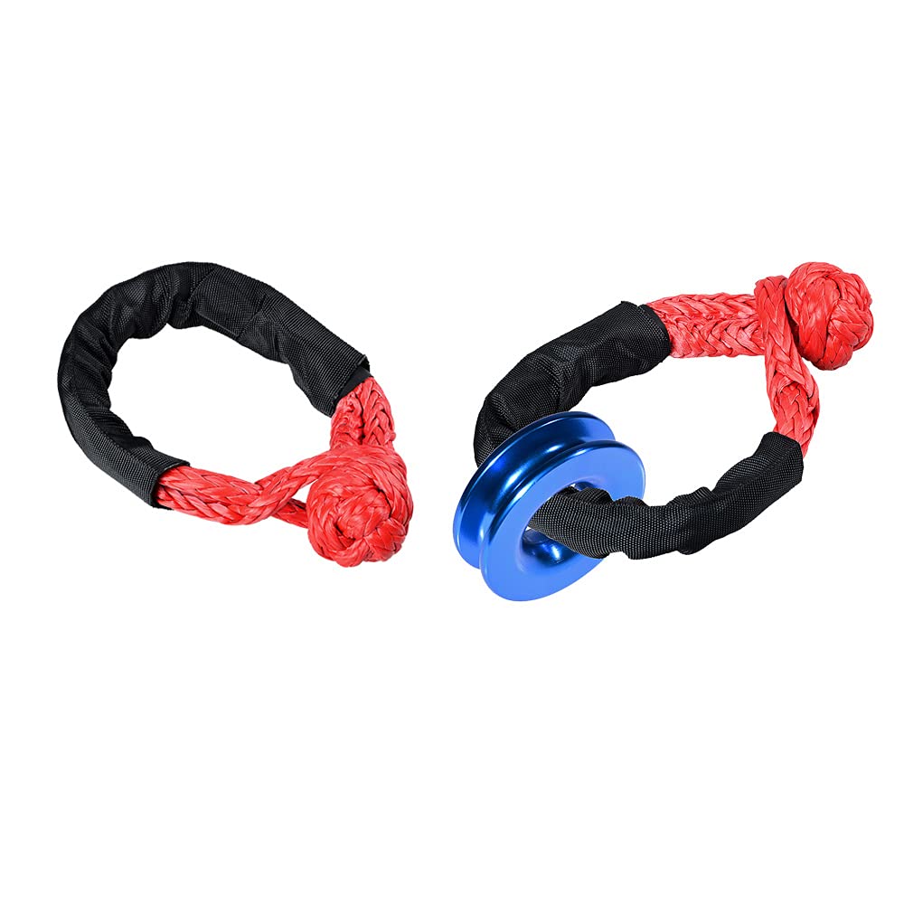 2X Red 38000lbs Synthetic Soft Shackle Rope Protective Sleeve + 1X Blue Aluminum Recovery Ring 41000lbs for Towing SUV ATV UTV 3/8