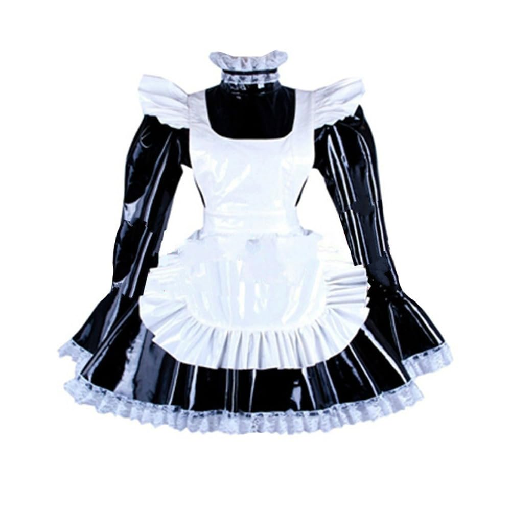 ERFSQIYALHJ Lockable Lovely Maid Uniforms Sissy Long Sleeve A-line Dress with Apron Halloween Cosplay (Black,4XL)