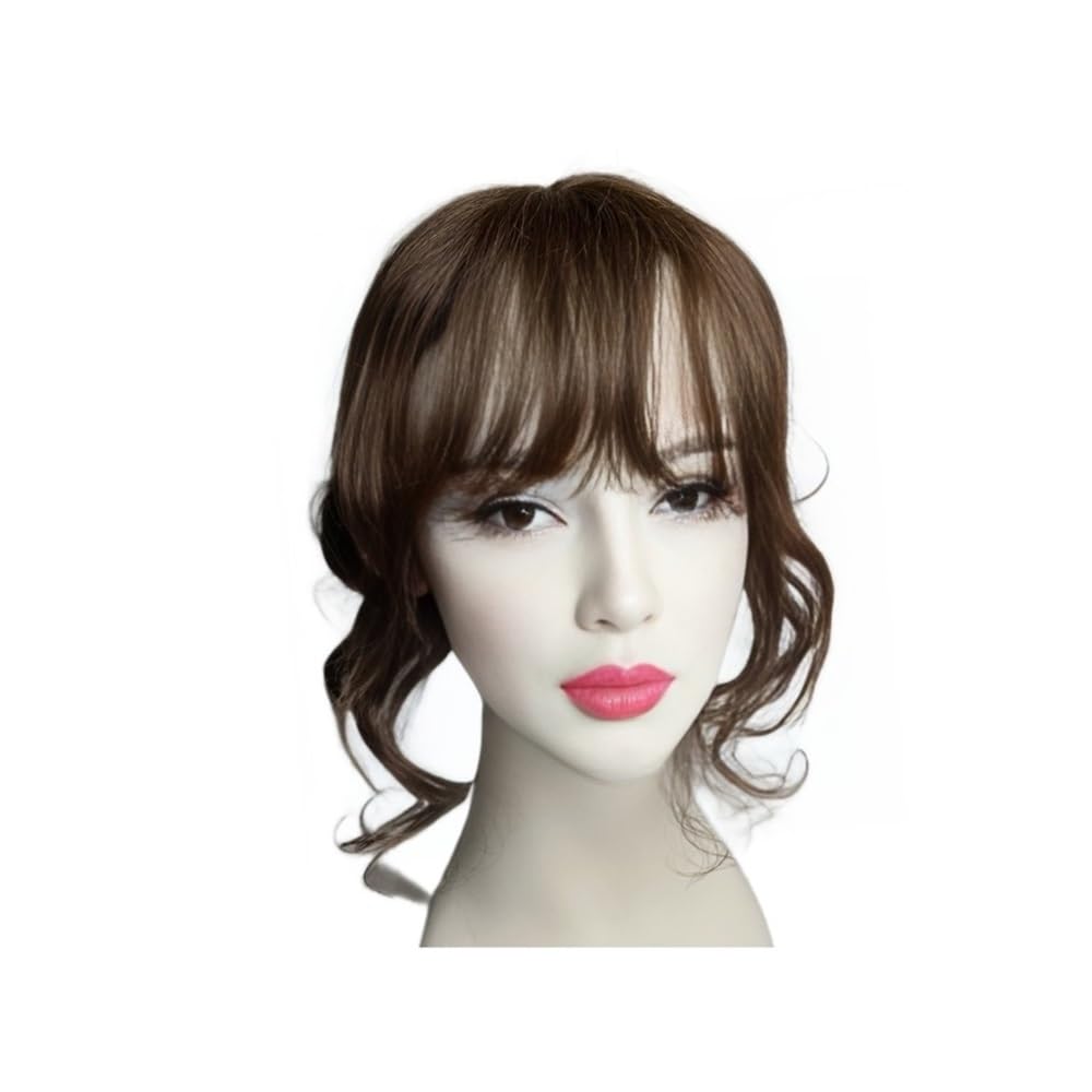 Topper for capelli umani ricci ondulati da 14 pollici for donna, con 3 clip, posticci con frangia Extension per Capelli(Brown)