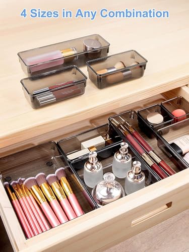 Image of Kienlix Desk Drawer Organizers Trays Set Clear Plastic Storage Bins Bathroom Drawer Tray Dividers Vanity Trays Organizer for Bedroom Dresser Makeup Kitchen Utensil Office (12pc Set (Black))