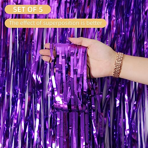 Image of 5 Pack Purple Fringe Backdrop 3.2ft x 8.2ft Foil Curtain Tinsel Foil Fringe Curtains Backdrop Tinsel Backdrop Streamers for Birthday Curtain Party Decoration Wedding Christmas Decoration (Purple)