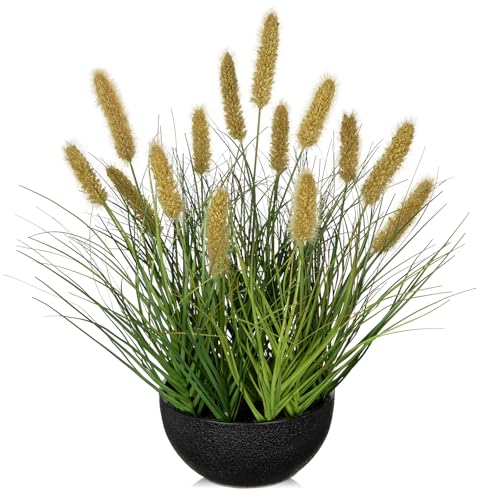 Oairse Artificial Plants Indoor with Pot, 17.3 Fake Potted Plants Artificial Onion Grass Plant with Brown Dog Tail Grass Small Faux Plant Indoor for Home Living Room Table Shelf Decor