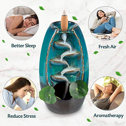 DAILYLIFE Incense Waterfall Burner Backflow Ceramic Incense Holder, Home Decor Aromatherapy Ornament with 35 Upgraded Backflow Incense Cones + 25 Incense Sticks + 1 Cushion + 1 Tweezer