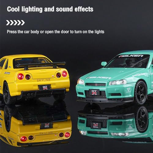 Image of 1:32 Scale Nissaan Skyline R-34 Model Alloy Metal Pull Back Toy car for Kids with Openable Doors & Light, Music Toy Vehicle for Kids (1:32 Nissaan Skyline R-34 (Green))