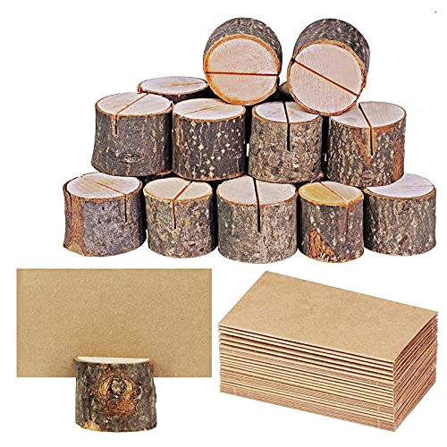 Lot de 20 Porte-Cartes en Bois Titulaires Stands, Naturel Support Photo Carte Nom Place Carte Numéro Table avec 20 Cartes de Papier Kraft, pour Décoration Mariage Noël Anniversaire Fête