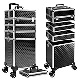 Buanson 5 in 1 Rolling Makeup Train Case Professional Cosmetic Trolley Large Storage Organizer on Wheels for Hairstylist Artist Nail Beauty Salon Barber Black