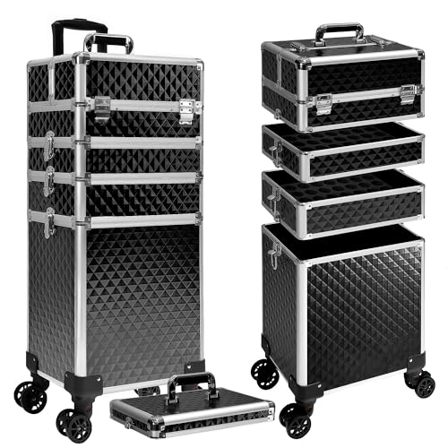 Buanson 5 in 1 Rolling Makeup Train Case Professional Cosmetic Trolley Large Storage Organizer on Wheels for Hairstylist Artist Nail Beauty Salon Barber Black