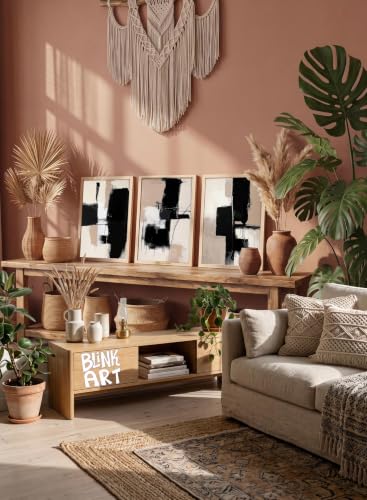 Image of BLINKART Set of 3 BLACK BEIGE BRUSHSTROKE Natural Brown Frame Painting for Wall Decoration - Modern Art Wall Decor Framed Painting for Living Room Bedroom - Framed Wall Posters /Paintings (8X12 inch)