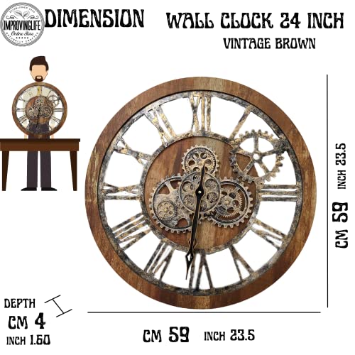 Improvinglife The Original Real Moving Gear Wall Clock Vintage Industrial Oversized Rustic Farmhouse (24 Inch (60Cm), Vintage Brown) #TOP5