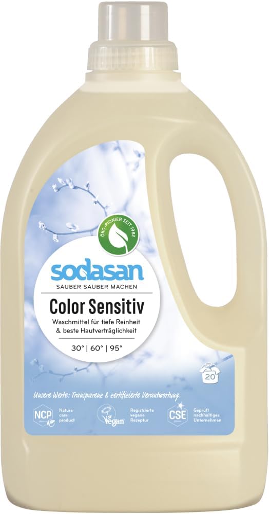 – Sodasan Sensitive Laundry Liquid Detergent 1.5L – Certified Organic, Odourless & Dye-Free, Plant-Based Stain Remover, Gentle on Skin, Dermatologically Tested.