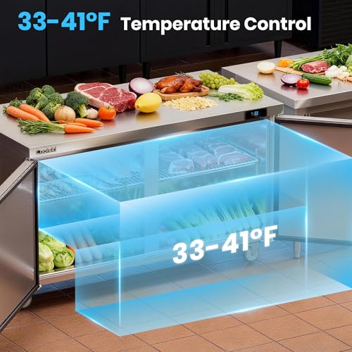 Image of Coolski 60 inchW Commercial Undercounter Refrigerator, 17.2 Cu.ft. Freestanding Stainless Steel, Double Door Under Counter Industrial Worktop Fridge for Restaurant, Bar, Shop, Kitchen Use
