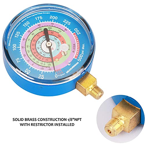 measureman refrigeration pressure gauge kit 3-1834 dial blue dial amp red dial 1834 npt lower mount 30inhg-0-250psi 250-500psi amp 0-800psi