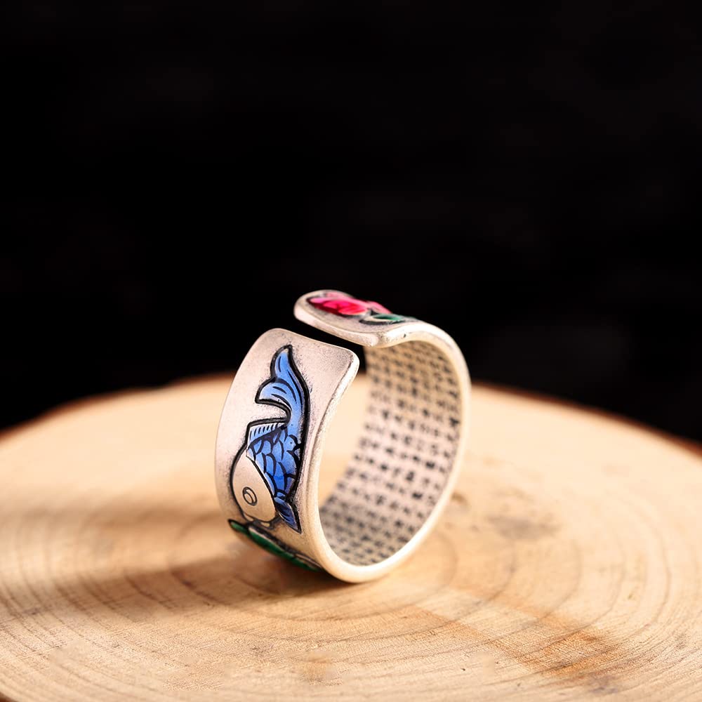 999 Sterling SIERT Silver Lotus Fish Fish Ring Style China Heart Sutra Anillo para Amantes De Yoga Amantes De Joyas De Plata