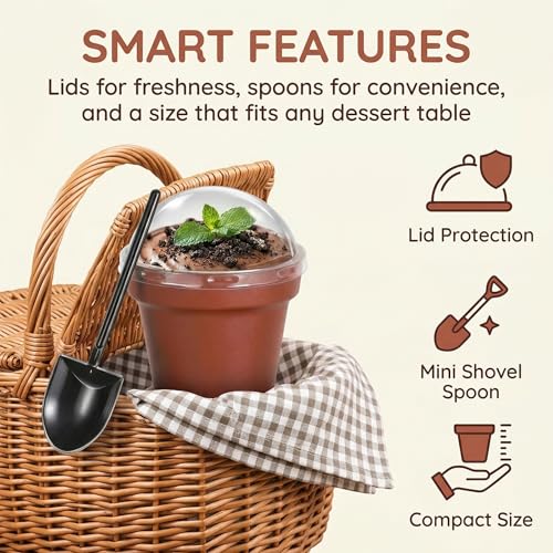 Image of DOITOOL 20 Pack Flower Pot Dessert Cup with Lid and Shovel Spoon, 6.7 oz Plastic Cake Cups Small Flower Pots Chocolate Pudding Cups Yogurt Containers Holder for Ice Cream, Dirt Cake, Mousse DIY