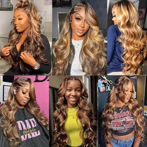 Image of 32 Inch 4 /27 Highlight 13x4 Body Wave Lace Front Wigs Human Hair 180 Density Glueless HD Transparent Honey Blonde Ombre Lace Frontal Wigs Pre Plucked With Baby Hair Colored Wig For Women