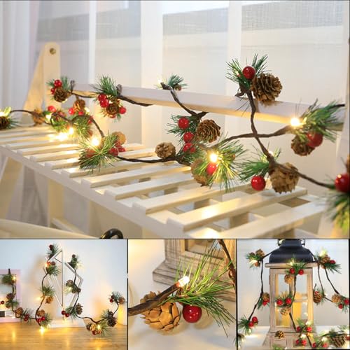Ghirlanda Natalizia con Luci - Decorazioni Ghirlanda Natalizia 2 metri 20 leds con Pigna Frutto Rosso Pinoli Natale Decorazioni Casa per Decorare Camino Porta Scale Pareti Albero di Natale (Verde)