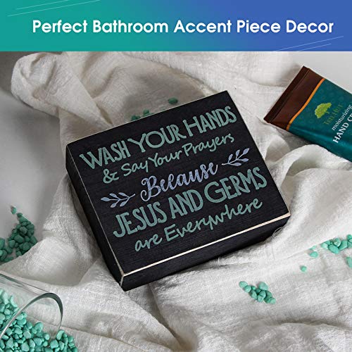 J Jackcube Design Farmhouse Vintage Decorative Wood Bathroom Signs Decor, Classic Rustic Wooden Box Stand Up Wall Home Decor, Your Prayers And Wash Your Hands, Blue, White Letters- Mk684A #TOP3
