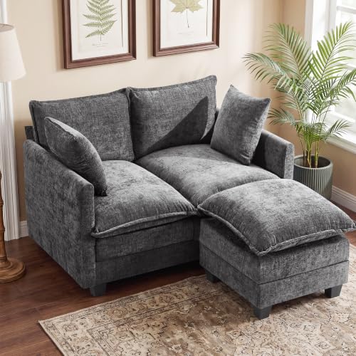 Image of 50 inch Loveseat Sofa with Ottoman, Cloud 2-Layer Cushion & 27 inch Deep Seat, Modern Love Seat Small Couch with 2 Washable Pillows for Small Spaces, Bedroom, Apartment, Office, Living Room, in a Box, Grey
