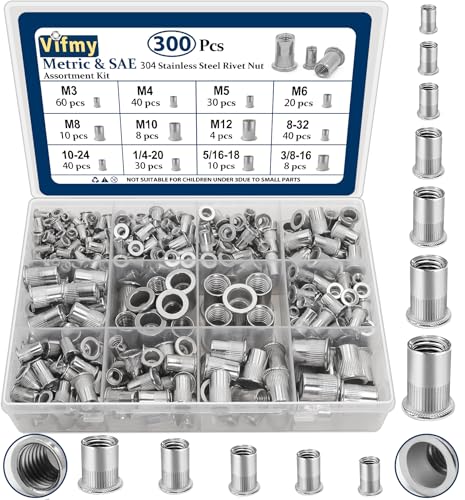 Image of Metric & SAE Rivet Nut Assortment Kit(300 Pcs), M3 M4 M5 M6 M8 M10 M12#8-32#10-24 1 /4 inch-20 5 /16 inch-18 3 /8 inch-16 304 Stainless Steel Rivnut Set UNC Flat Head Nutsert