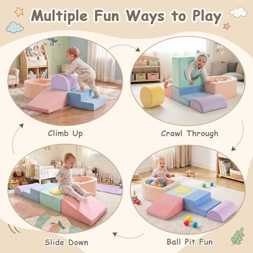 Image of Tiita Baby Climb and Crawl Playset 5-Piece with Small Ball Pit | Foam Climbing Blocks for Toddlers with Removable Washable Cover, Indoor Soft Play Climber, Macaron