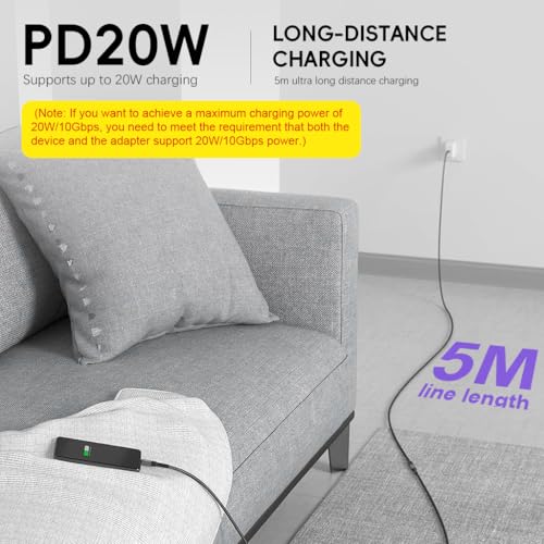 Image of Verilux USB C Extension Cable 5M /16.4Ft, PD 20W Type C Male to Female Support Fast Charging, Type C Cable Fast Charging Compatible for iPhone 17 /17 Pro /17 Pro Max /16 /15, MacBook, iPad