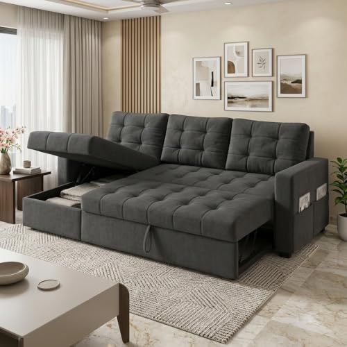 Image of CASASTYLE Sumur 4 Seater LHS L Shape Sofa with Pull Out Bed & Storage Lounger | Premium Soft Velvet Suede Fabric | Comfort Cushions | Ideal for Living Room, Hotel & Office (Dark Grey)