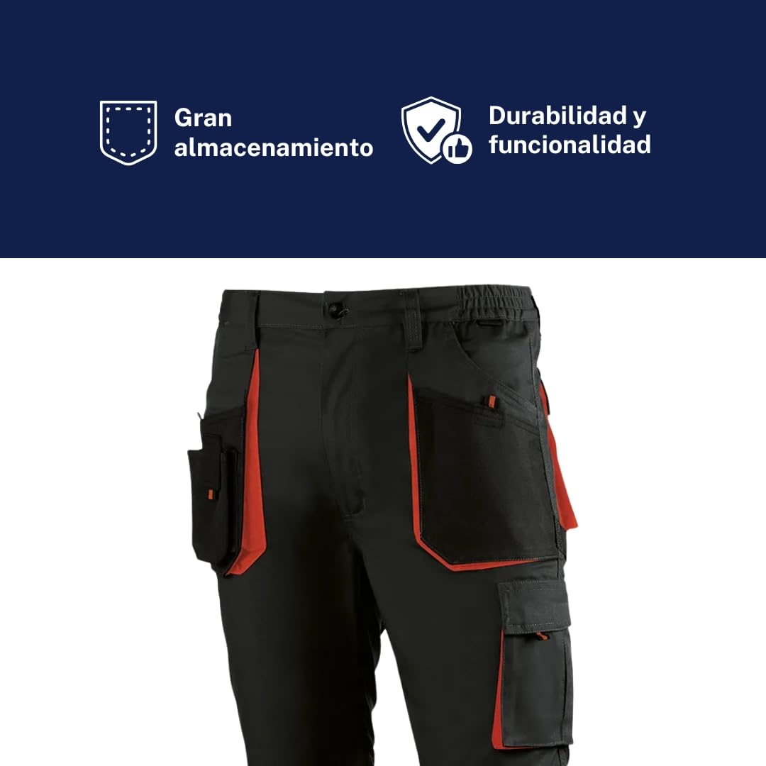 Juba Pantalón Corto Multibolsillos 65% poliéster/35% algodón, Negro con Detalles Naranjas