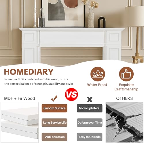 Image of HOMEDIARY Fireplace Mantel Surround, Modern White Fireplace Mantel Frames with Legs for Living Room, Premium MDF with Solid Wood, Decorative Fireplace Surround for Holidays, Anti-Tipping & Waterproof