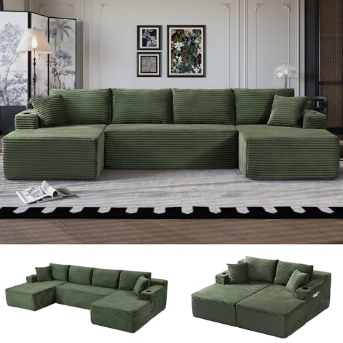 Image of Oversized Cloud Boneless Couch with Chaise, Modern Modular Sofa with Deep Seat, Corduroy Upholstered U Shaped Couch for Living Room, No Assembly Required (Green)