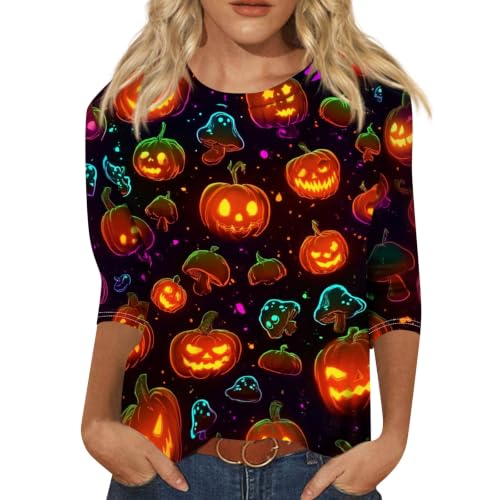 Image of Women Spooky Halloween Graphic Shirt 3 /4 Length Sleeve Crewneck Top | Halloween Funny Printed Pumpkin Plus Size Tshirts 2026 Fall Outfits Skeleton Tee Going Out Tops