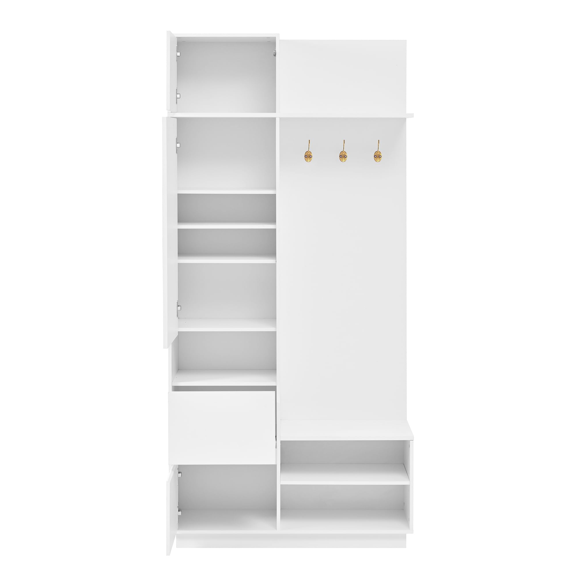 Appendiabiti compatto con specchio, panca, scarpiera, ganci, set di mobili da corridoio, bianco