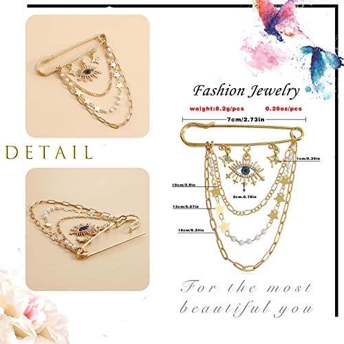 Zeshimb Crystal Eye Brooch Pin Multi-Layer Hanging Chain Lapel Pin Elegance Cz Evil Eye Star Charm Brooch Lucky Devil Eye Tassel Pin Wedding Bouquet Badge Jewelry For Women Men #TOP3