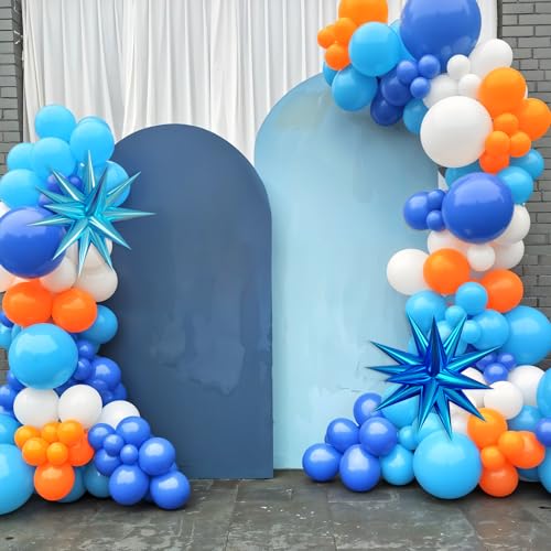 Image of Blue and Orange Balloon Arch Kit 120Pcs Light Blue White Orange Garland | Blue and Orange Balloon Arch Kit 120Pcs Light Blue White Orange Garland