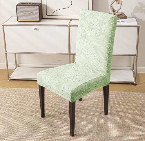 Image of House of Quirk Stretchy Universal Camellia Jacquard Waterproof Chair Cover Removable & Washable Short Dining Chair Cover Protector Seat Slipcover (Green,Pack of 8)