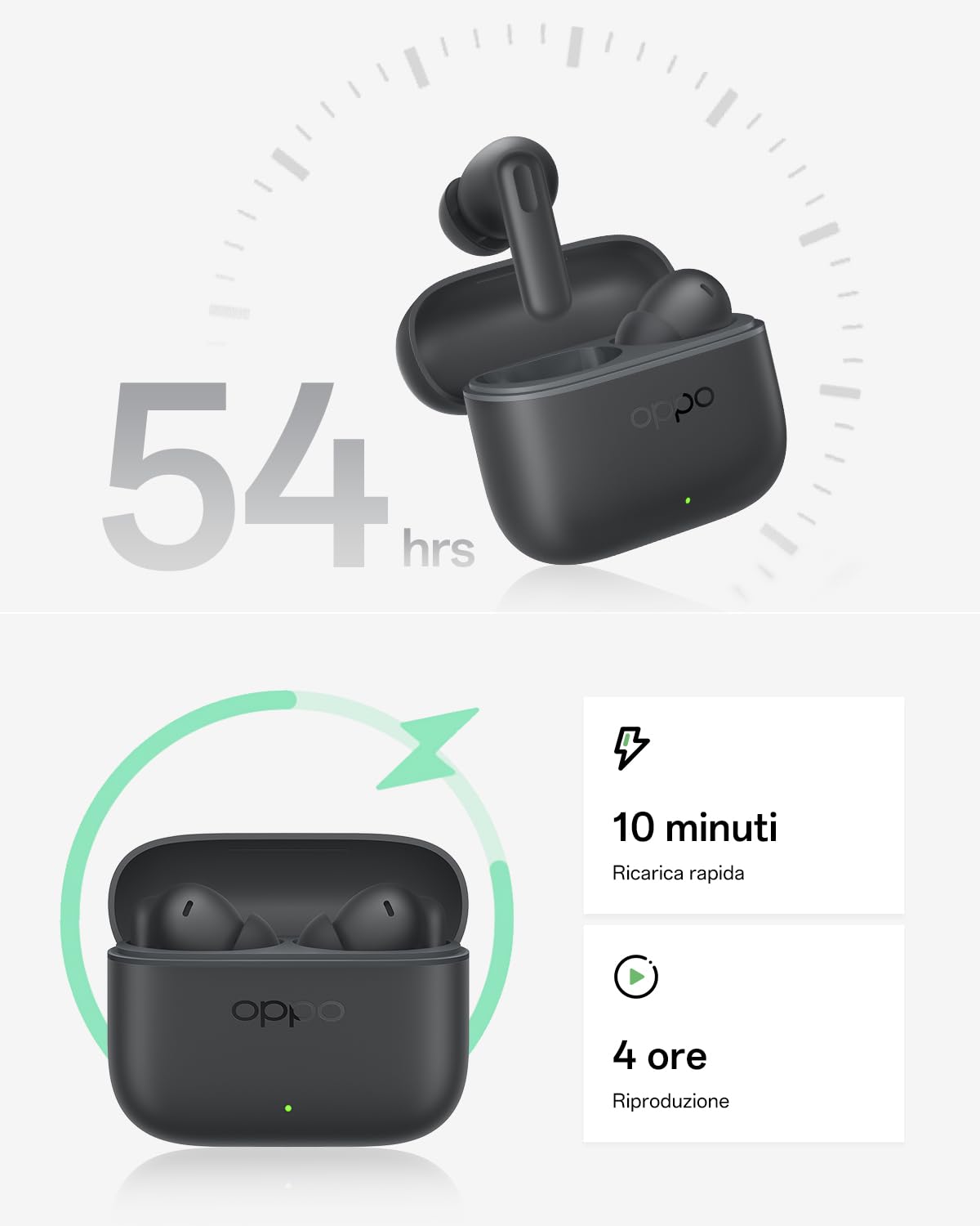 OPPO Enco Buds3 Pro Auricolari true wireless, autonomia della batteria di 54 ore, driver dinamico da 12,4 mm, Bluetooth 5.4, comandi touch, IP55, Graphite Grey
