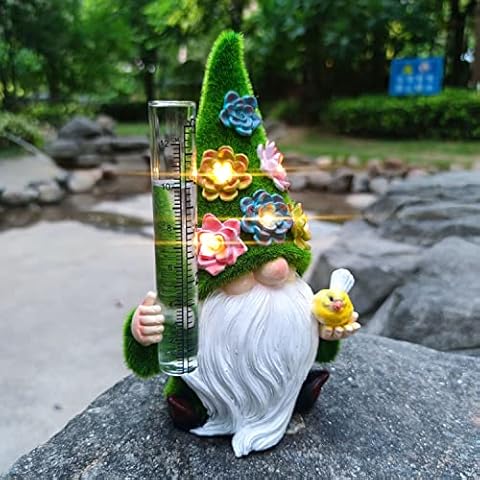 VIVICOMFY Resin Gnome Solar Rain Gauges, Resin Gnome Garden Statue with a Glass Rain Gauge, Hand Painted Gnome Sculpture Water Gauge for Rain Cover