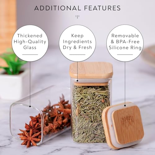 Image of 270 Ml Glass Spice Jars Set with Bamboo Lids & Square Spice Jars for Kitchen Storage and Organization set of 12(12, SQUARE BAMBOO LID GLASS JAR 270 ml -)