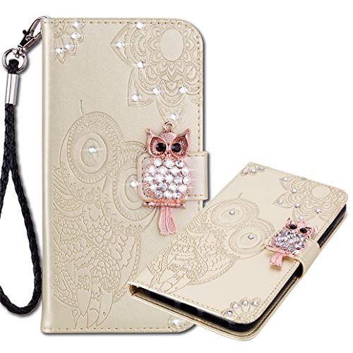 MRSTER Funda Samsung Galaxy A90 5G con Tapa, Samsung A90 5G Funda de PU Cuero Cartera, Floral de Búho de Diamante Cristal Strass Carcasa para Samsung Galaxy A90 5G. Owl Gold