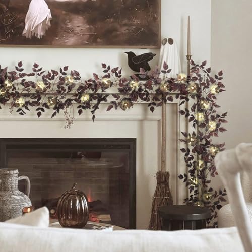 Image of Neutral Fall Garland for Mantle Fireplace - 2 Pack 12 Ft Plum Cimicifuga Seeded Leaf Garlands Purple Autumn Decor Table Decorations for Home Indoor Door Halloween Realistic Leaves Garlands Outdoor