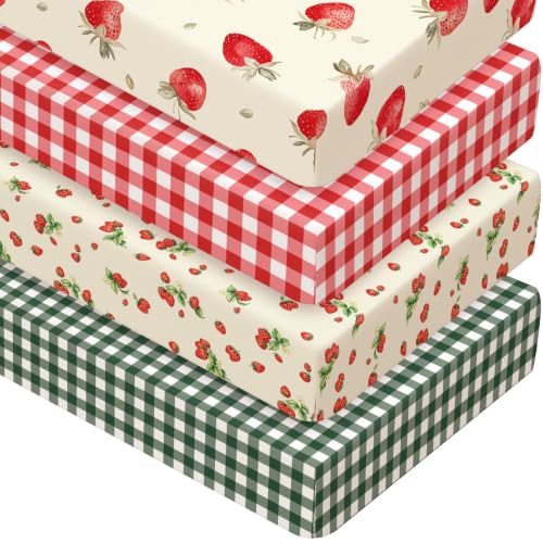 Image of Peryiter 4 Pack Crib Sheets Brown Red Strawberry Soft Baby Bed Sheet Set 52'' x 28 inch Nursery Crib Sheets for Standard Bed Toddler Mattress Nursery Decor Boys Girls Kids