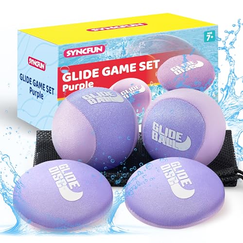 SYNCFUN 4 Pcs Skip Water Balls,Splash Water Bouncing Balls with Mesh Bag, Beach Toys for Kids, Pool Toys for Friends and Family, Fly Swimming Game Adults, Boys,Teens for All Ages (Purple)