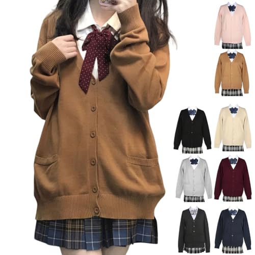 [HOTIAN] スクールカーディガン 女子 制服 Vネック スクールセーター 高校生 無地 ニットカーディガン 春 夏 秋 冬 通年 通学 通勤 春秋冬（M・ブラウン） - HOTIAN - 商品画像