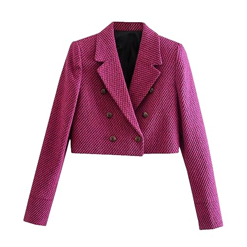 Women Solid Blazer Long Sleeve Double Breasted Slim Office Lady Cropped Blazers