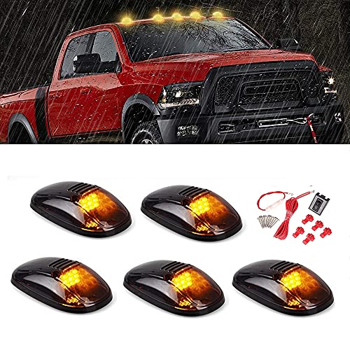 5 X Cab Marker Light, Smoke Lens Amber 9 LED Housing Cab Roof Running Lights, Top Clearance Light w/Wiring Pack Compatible with 1999-2002 Dodge Ram 2500 3500 Pickup Trucks