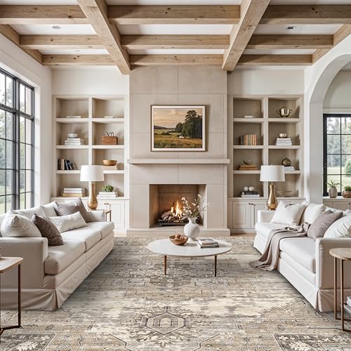 RUUGME Washable 12x15 Area Rug - Large Vintage Area Rugs with Non Slip Backing Stain Resistant Carpet for Bedroom Dining Room Indoor Soft Carpets Home Decor Decoration Mat 12x15 Beige